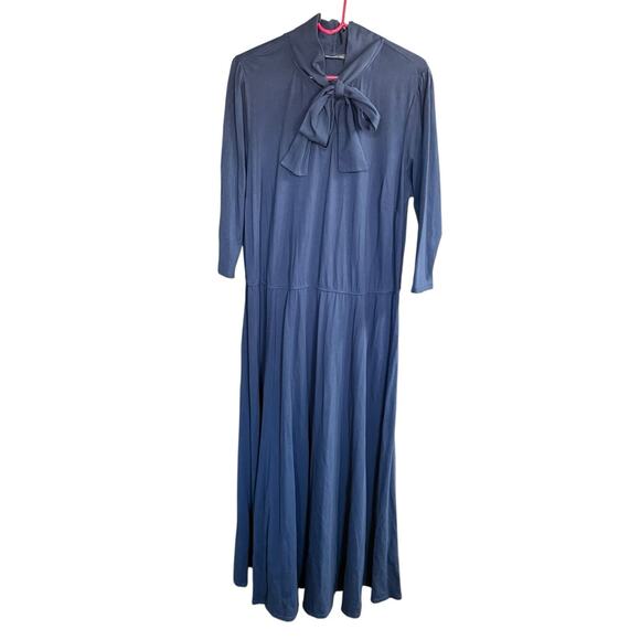Eshakti Custom Dress Maxi Blue Tie Neck Sz 14 3/4 Sleeves Stretch Classic Career - Picture 1 of 11